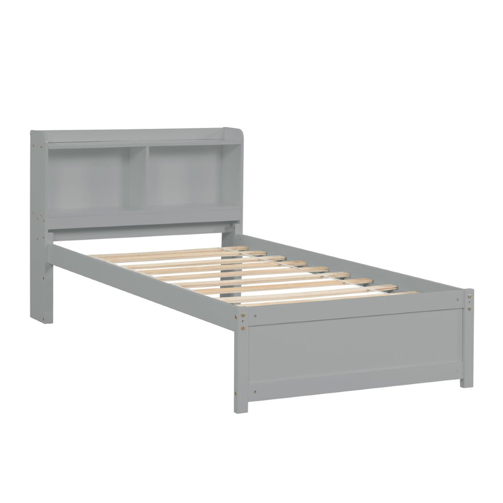 English Elm Twin Bed With Trundle & Bookcase Headboard, Space-Saving Grey Design For Modern Bedrooms W50440495-GIGA