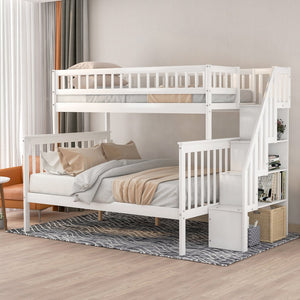 English Elm Twin Pine Twin over Full Staircase Bunk Bed with Built-In Storage, Guardrails & Solid Slat Kit for Kids Room Comfort and Safety White SM000296AAK-1