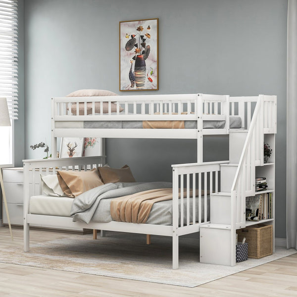 English Elm Twin Pine Twin over Full Staircase Bunk Bed with Built-In Storage, Guardrails & Solid Slat Kit for Kids Room Comfort and Safety White SM000296AAK-1