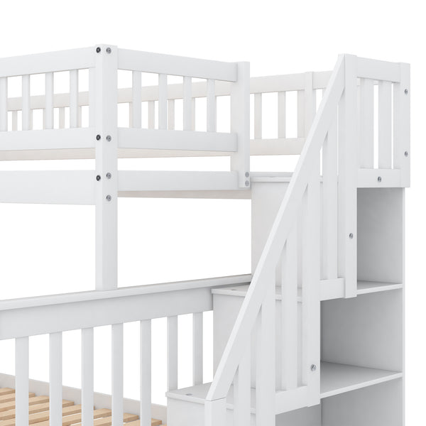 English Elm Twin Pine Twin over Full Staircase Bunk Bed with Built-In Storage, Guardrails & Solid Slat Kit for Kids Room Comfort and Safety White SM000296AAK-1