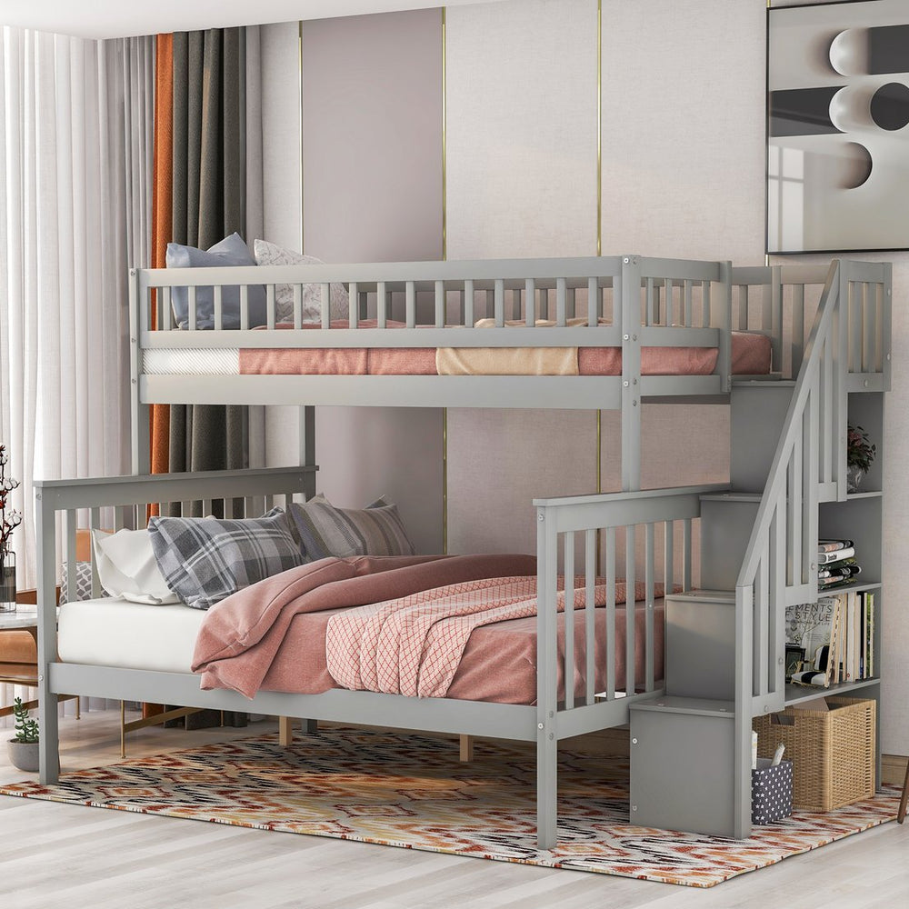 English Elm Twin Pine Twin over Full Staircase Bunk Bed with Built-In Storage, Guardrails & Solid Slat Kit for Kids Room Comfort and Safety Gray SM000296AAE-1