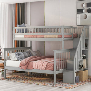 English Elm Twin Pine Twin over Full Staircase Bunk Bed with Built-In Storage, Guardrails & Solid Slat Kit for Kids Room Comfort and Safety Gray SM000296AAE-1