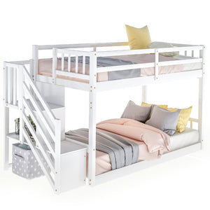 English Elm Twin Over Low Profile Floor Bunk Bed Pine Wood Frame with Storage Ladder Steps White SM000106AAK-1