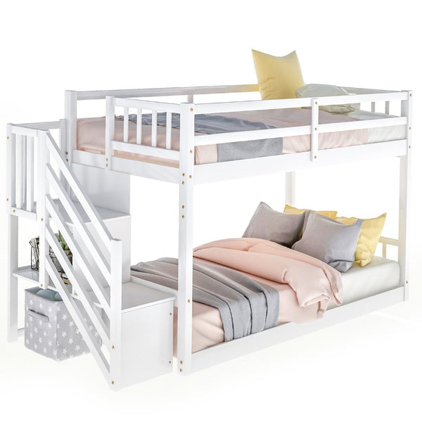 English Elm Twin Over Low Profile Floor Bunk Bed Pine Wood Frame with Storage Ladder Steps White SM000106AAK-1