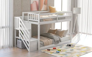 English Elm Twin Over Low Profile Floor Bunk Bed Pine Wood Frame with Storage Ladder Steps White SM000106AAK-1