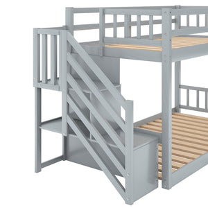 English Elm Twin Over Low Profile Floor Bunk Bed Pine Wood Frame with Storage Ladder Steps Gray SM000106AAE-1