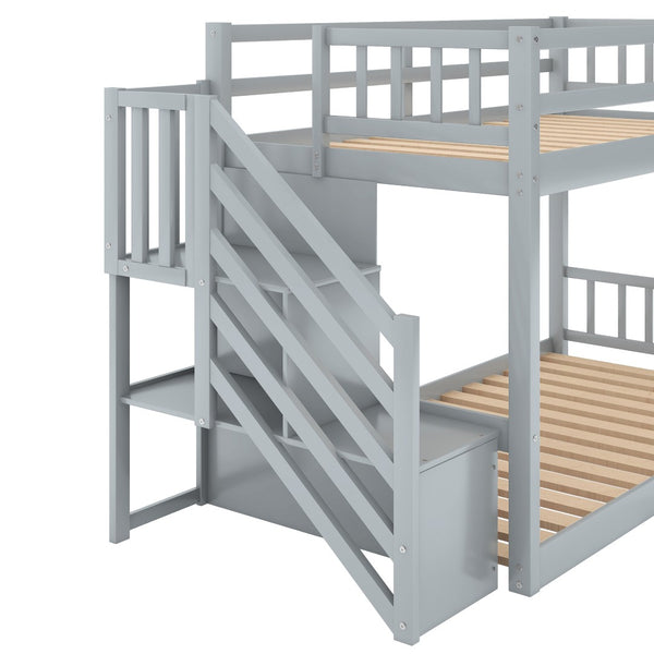 English Elm Twin Over Low Profile Floor Bunk Bed Pine Wood Frame with Storage Ladder Steps Gray SM000106AAE-1