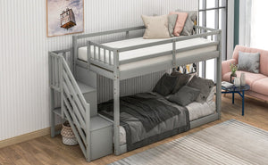 English Elm Twin Over Low Profile Floor Bunk Bed Pine Wood Frame with Storage Ladder Steps Gray SM000106AAE-1