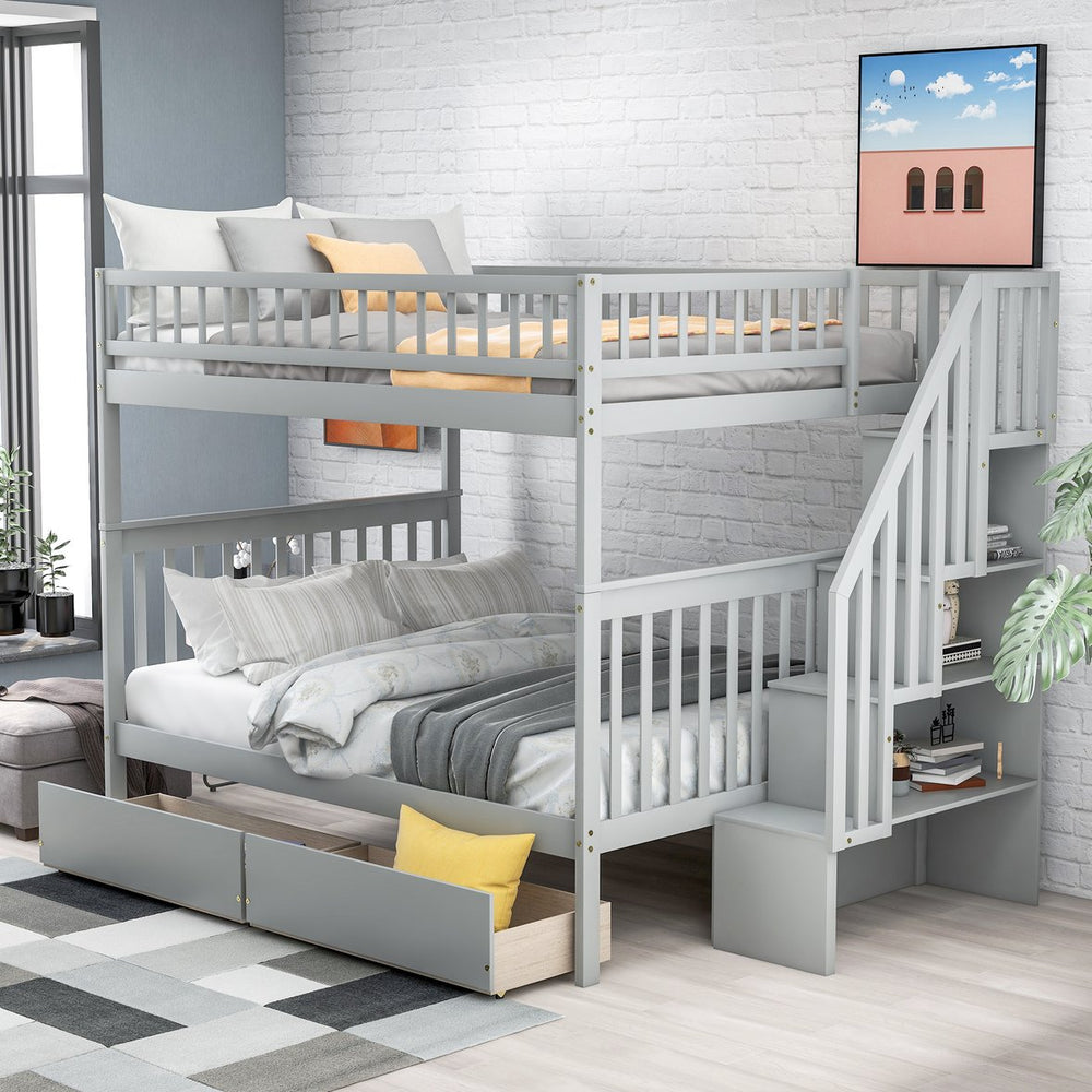 English Elm Full Full over Full Bunk Bed with Built-In Drawers & Deep Storage, Sturdy Pine Frame for Families Gray SM000113AAE-1