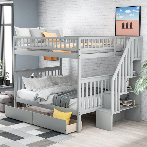 English Elm Full Full over Full Bunk Bed with Built-In Drawers & Deep Storage, Sturdy Pine Frame for Families Gray SM000113AAE-1