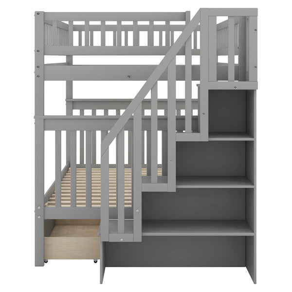 English Elm Full Full over Full Bunk Bed with Built-In Drawers & Deep Storage, Sturdy Pine Frame for Families Gray SM000113AAE-1
