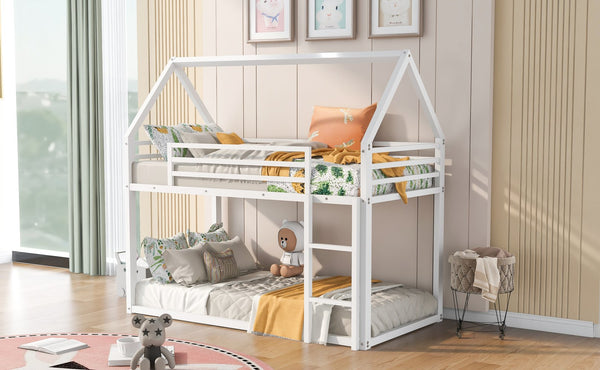 English Elm Twin House Bunk Bed with Built-In Ladder, Space-Saving Metal Frame, Low Profile Design for Kids' Rooms White WF283080AAK