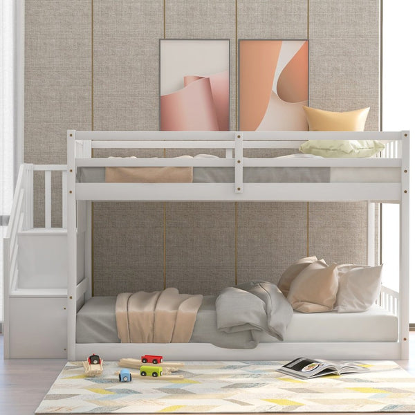 English Elm Twin Over Low Profile Floor Bunk Bed Pine Wood Frame with Storage Ladder Steps White SM000106AAK-1