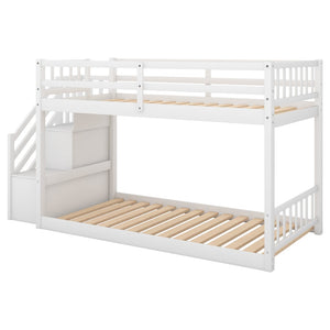 English Elm Twin Over Low Profile Floor Bunk Bed Pine Wood Frame with Storage Ladder Steps White SM000106AAK-1