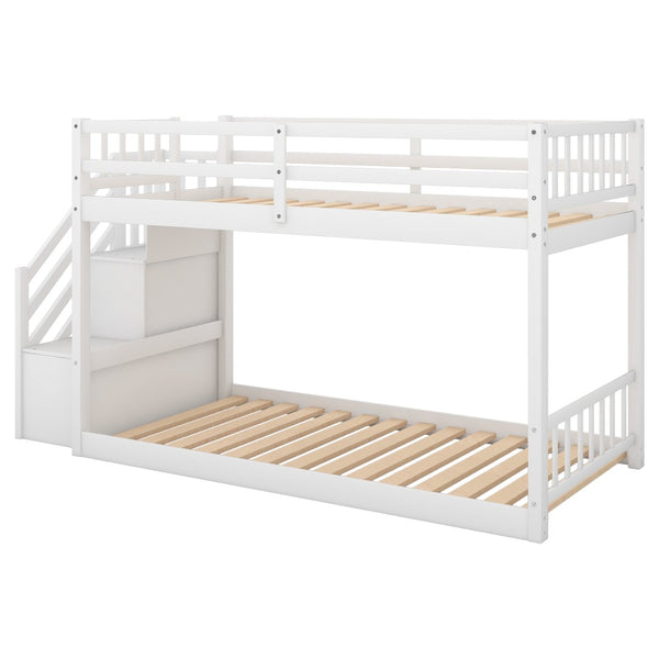 English Elm Twin Over Low Profile Floor Bunk Bed Pine Wood Frame with Storage Ladder Steps White SM000106AAK-1