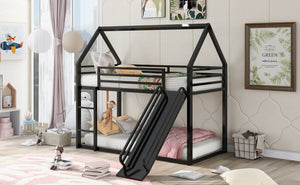 English Elm Twin House Bunk Bed with Ladder and Slide — Space-Saving Metal Twin over Twin Frame, Safe Design Black WF283081AAB