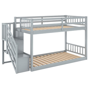 English Elm Twin Over Low Profile Floor Bunk Bed Pine Wood Frame with Storage Ladder Steps Gray SM000106AAE-1