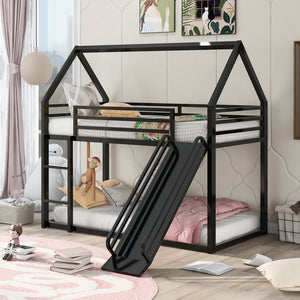 English Elm Twin House Bunk Bed with Ladder and Slide — Space-Saving Metal Twin over Twin Frame, Safe Design Black WF283081AAB