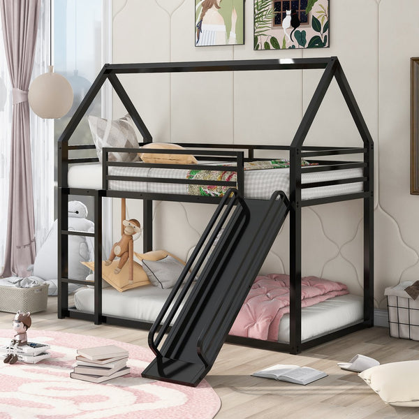 English Elm Twin House Bunk Bed with Ladder and Slide — Space-Saving Metal Twin over Twin Frame, Safe Design Black WF283081AAB