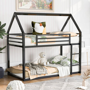 English Elm Twin House Bunk Bed with Built-In Ladder, Space-Saving Metal Frame, Low Profile Design for Kids' Rooms Black WF283080AAB