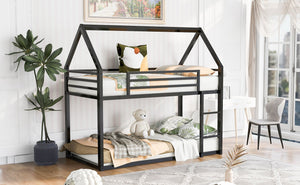 English Elm Twin House Bunk Bed with Built-In Ladder, Space-Saving Metal Frame, Low Profile Design for Kids' Rooms Black WF283080AAB