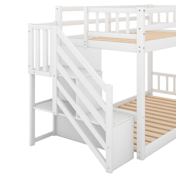 English Elm Twin Over Low Profile Floor Bunk Bed Pine Wood Frame with Storage Ladder Steps White SM000106AAK-1