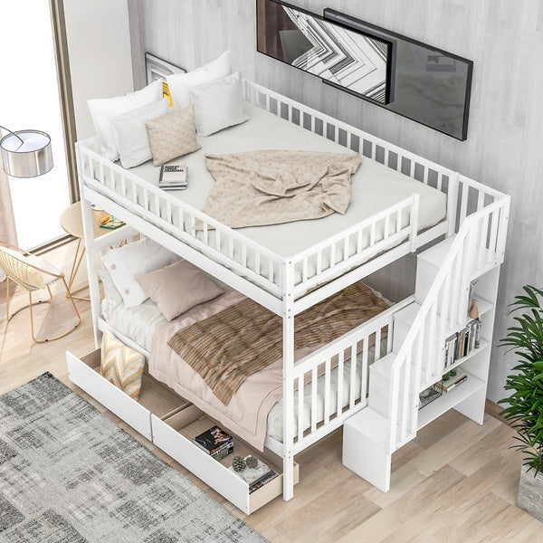 English Elm Full Full over Full Bunk Bed with Built-In Drawers & Deep Storage, Sturdy Pine Frame for Families White SM000113AAK-1
