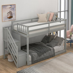 English Elm Twin Over Low Profile Floor Bunk Bed Pine Wood Frame with Storage Ladder Steps Gray SM000106AAE-1