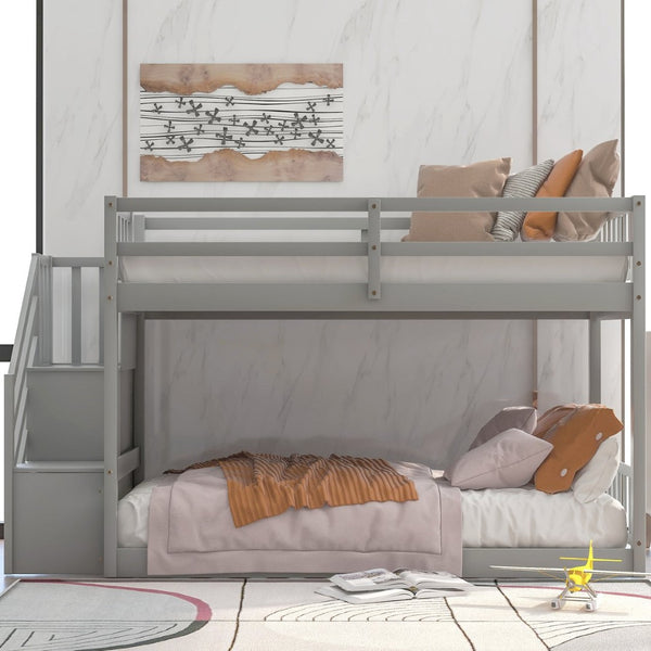 English Elm Twin Over Low Profile Floor Bunk Bed Pine Wood Frame with Storage Ladder Steps Gray SM000106AAE-1