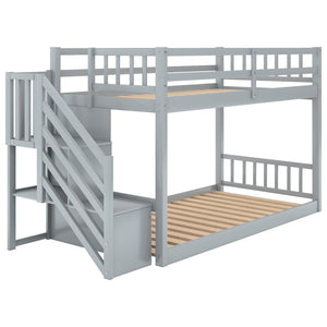 English Elm Twin Over Low Profile Floor Bunk Bed Pine Wood Frame with Storage Ladder Steps Gray SM000106AAE-1