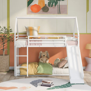 English Elm Twin House Bunk Bed with Ladder and Slide — Space-Saving Metal Twin over Twin Frame, Safe Design White WF283081AAK