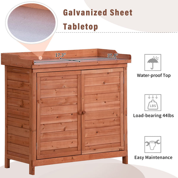 English Elm TOPMAX Outdoor Potting Bench 39" Rustic Fir Wood Workstation with Galvanized Top, 2-Tier Storage Hooks WF285324AAA