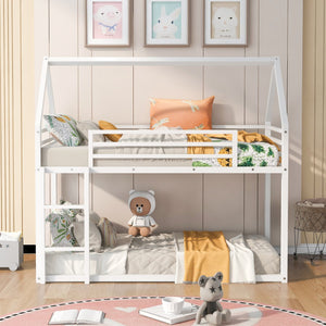English Elm Twin House Bunk Bed with Built-In Ladder, Space-Saving Metal Frame, Low Profile Design for Kids' Rooms White WF283080AAK