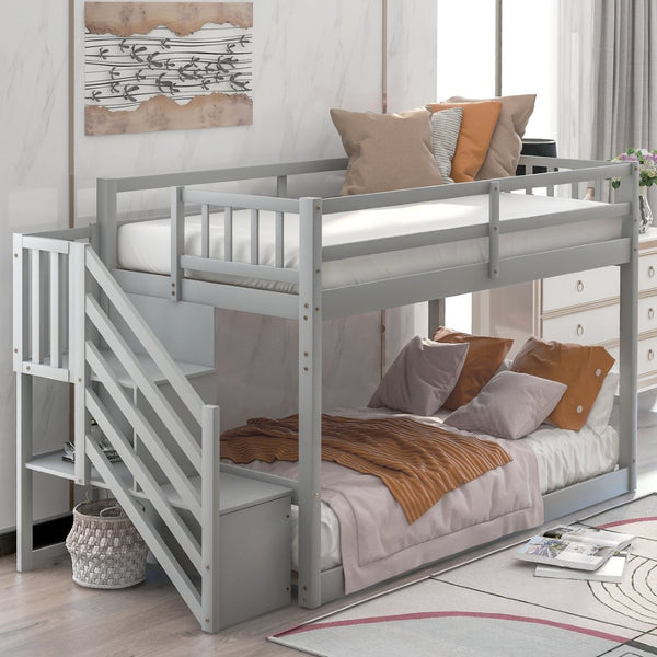 English Elm Twin Over Low Profile Floor Bunk Bed Pine Wood Frame with Storage Ladder Steps Gray SM000106AAE-1