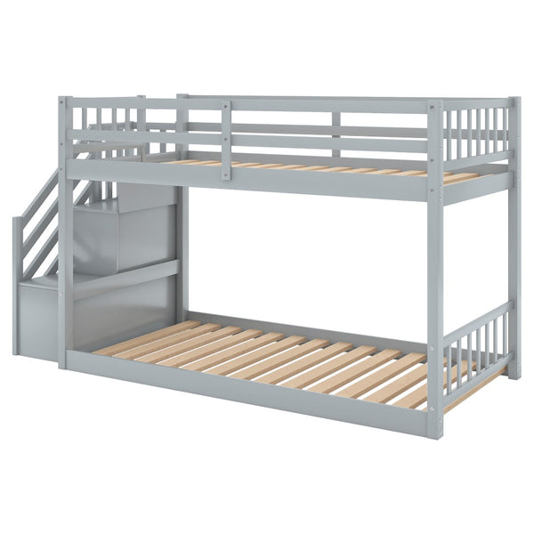 English Elm Twin Over Low Profile Floor Bunk Bed Pine Wood Frame with Storage Ladder Steps Gray SM000106AAE-1