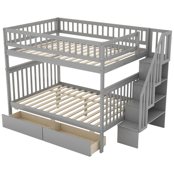 English Elm Full Full over Full Bunk Bed with Built-In Drawers & Deep Storage, Sturdy Pine Frame for Families Gray SM000113AAE-1