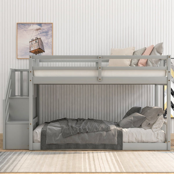 English Elm Twin Over Low Profile Floor Bunk Bed Pine Wood Frame with Storage Ladder Steps Gray SM000106AAE-1
