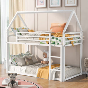 English Elm Twin House Bunk Bed with Built-In Ladder, Space-Saving Metal Frame, Low Profile Design for Kids' Rooms White WF283080AAK
