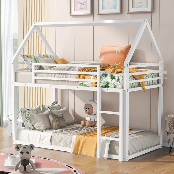 English Elm Twin House Bunk Bed with Built-In Ladder, Space-Saving Metal Frame, Low Profile Design for Kids' Rooms White WF283080AAK
