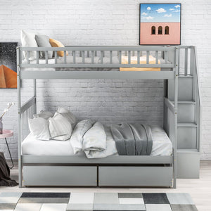 English Elm Full Full over Full Bunk Bed with Built-In Drawers & Deep Storage, Sturdy Pine Frame for Families Gray SM000113AAE-1