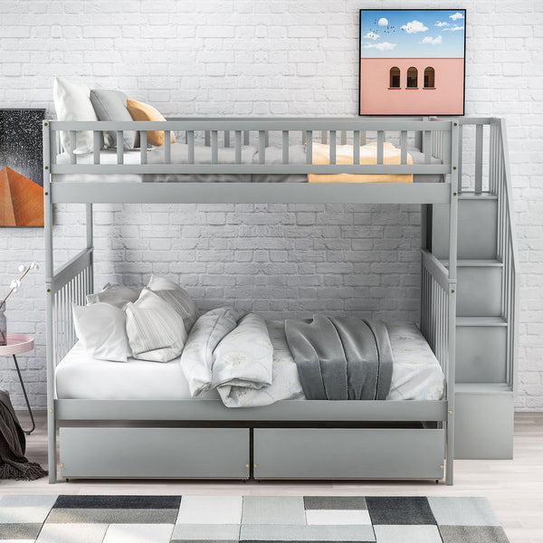English Elm Full Full over Full Bunk Bed with Built-In Drawers & Deep Storage, Sturdy Pine Frame for Families Gray SM000113AAE-1