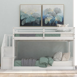English Elm Twin Over Low Profile Floor Bunk Bed Pine Wood Frame with Storage Ladder Steps White SM000106AAK-1