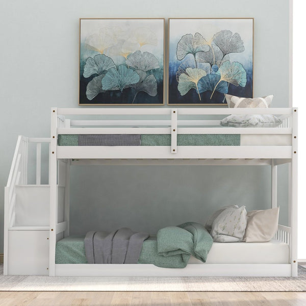 English Elm Twin Over Low Profile Floor Bunk Bed Pine Wood Frame with Storage Ladder Steps White SM000106AAK-1
