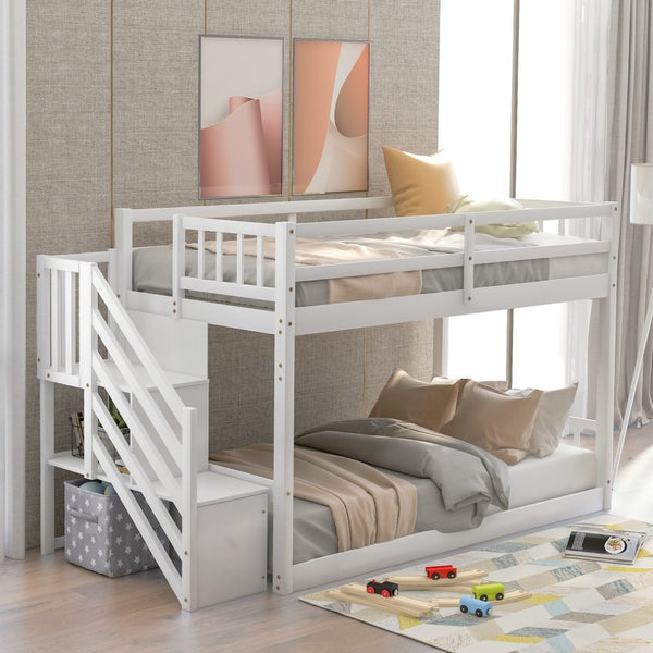 English Elm Twin Over Low Profile Floor Bunk Bed Pine Wood Frame with Storage Ladder Steps White SM000106AAK-1