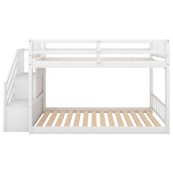 English Elm Twin Over Low Profile Floor Bunk Bed Pine Wood Frame with Storage Ladder Steps White SM000106AAK-1