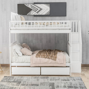 English Elm Full Full over Full Bunk Bed with Built-In Drawers & Deep Storage, Sturdy Pine Frame for Families White SM000113AAK-1