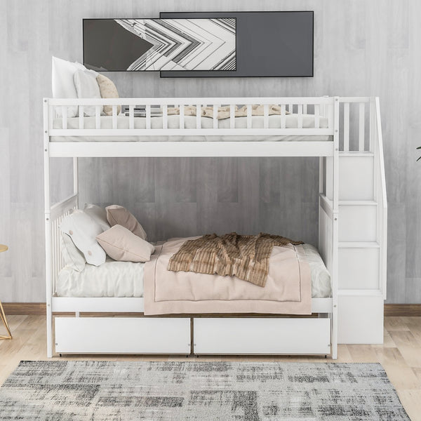English Elm Full Full over Full Bunk Bed with Built-In Drawers & Deep Storage, Sturdy Pine Frame for Families White SM000113AAK-1