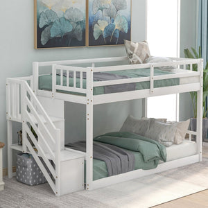 English Elm Twin Over Low Profile Floor Bunk Bed Pine Wood Frame with Storage Ladder Steps White SM000106AAK-1