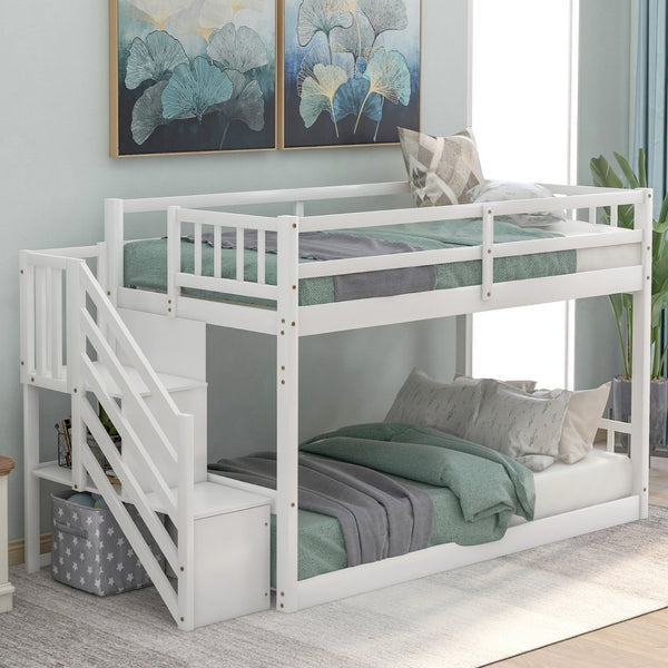 English Elm Twin Over Low Profile Floor Bunk Bed Pine Wood Frame with Storage Ladder Steps White SM000106AAK-1