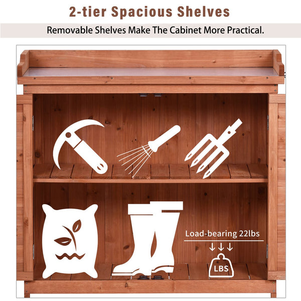 English Elm TOPMAX Outdoor Potting Bench 39" Rustic Fir Wood Workstation with Galvanized Top, 2-Tier Storage Hooks WF285324AAA